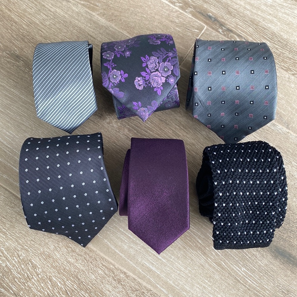 Grey and purple assorted ties and pocket squares